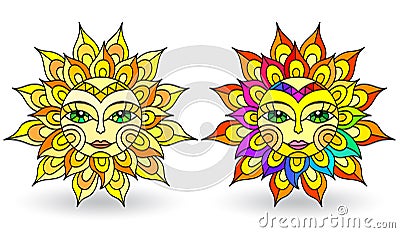 Stained glass illustration with set of suns with faces on a white background isolates Vector Illustration