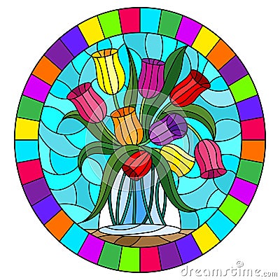 Stained glass illustration with still life, bouquet of Tulips in a glass jar on a blue background,oval image in bright frame Vector Illustration