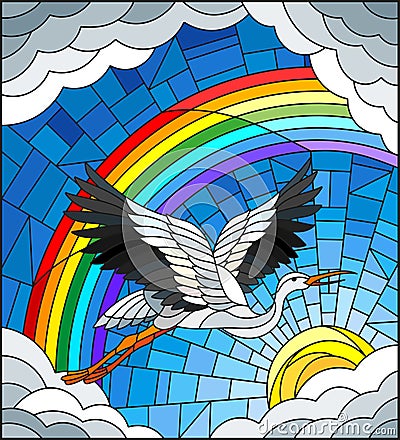 Stained glass illustration stork on the background of sky, sun , clouds and rainbow Vector Illustration