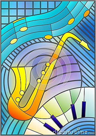 Stained glass illustration on the subject of music , the shape of an abstract saxophone on geometric background Vector Illustration