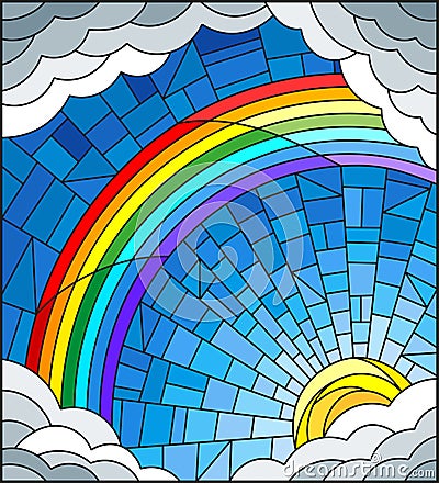 Stained glass illustration sun ,rainbow and clouds on blue sky background Vector Illustration