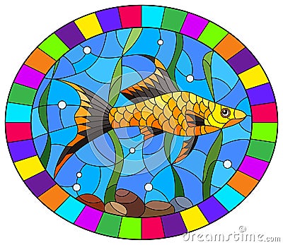 Stained glass illustration with of a swordfish on a background of algae and water, oval image in a bright frame Vector Illustration