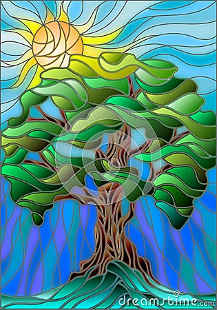 Stained glass illustration with tree on sky background and sun Vector Illustration