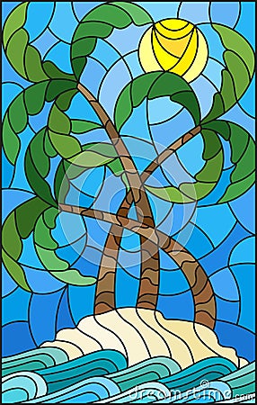 Stained glass illustration with a tropical sea landscape, coconut trees on the sandy beach on the background of Sunny sky Vector Illustration