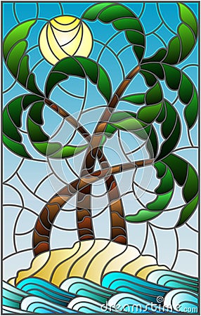 Stained glass illustration with a tropical sea landscape, coconut trees on the sandy beach on the background of Sunny sky Vector Illustration