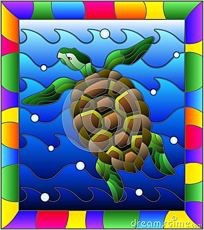 Stained glass illustration turtle into the waves and bubbles of air in a bright frame Vector Illustration