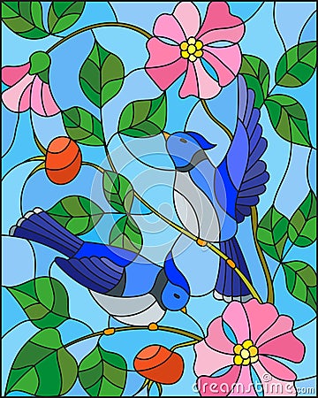 Stained glass illustration with two blue jays on the branches of blooming wild rose on a background sky Vector Illustration