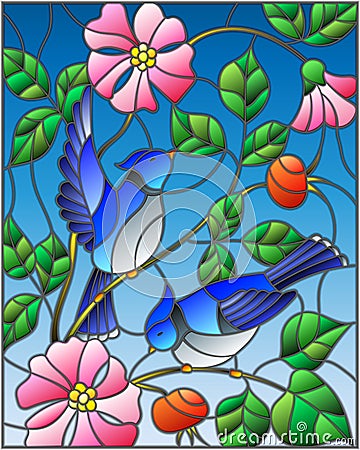 Stained glass illustration with two blue jays on the branches of blooming wild rose on a background sky Vector Illustration