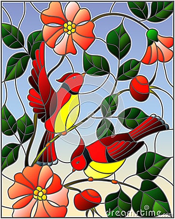 Stained glass illustration with two red birds on the branches of blooming wild rose on a background sky Vector Illustration