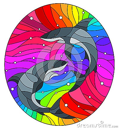 Stained glass illustration with a two sharks on a rainbow background, oval image Vector Illustration