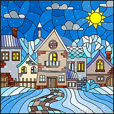 Stained glass illustration , urban landscape,snow-covered roofs and trees against the sky, sun , clouds and snow Vector Illustration