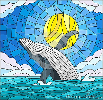 Stained glass illustration with a whale on the background of water ,cloud, sky and sun Vector Illustration
