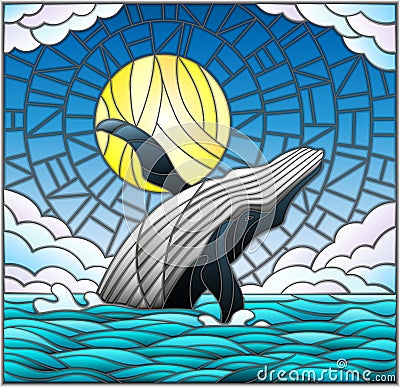 Stained glass illustration with a whale on the background of water ,cloud, sky and sun Vector Illustration