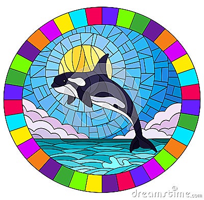 Stained glass illustration with a whale orca on the background of water ,cloud, sky and sun, oval image in bright frame Vector Illustration