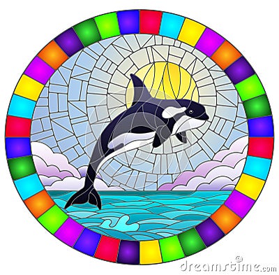 Stained glass illustration with a whale orca on the background of water ,cloud, sky and sun, oval image in bright frame Vector Illustration