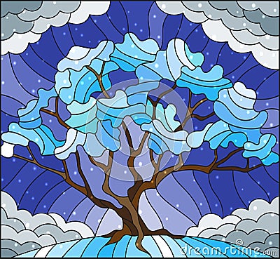 Stained glass illustration with winter tree on sky background with the snow Vector Illustration