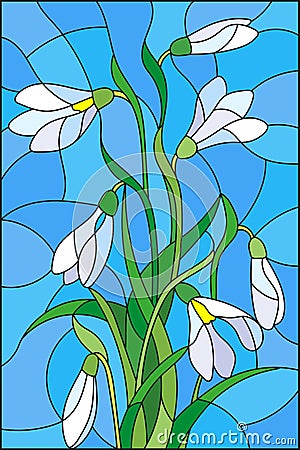 Stained glass illustrationwith bouquet of white snowdrops on a blue background Vector Illustration