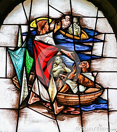 Stained Glass - Jesus Calls Four Fishermen to follow Him Stock Photo