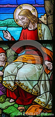 Stained Glass of Jesus Christ in Mechelen Cathedral Stock Photo