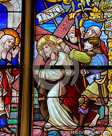 Stained Glass - Jesus meets Mary on the Way of the Cross Stock Photo