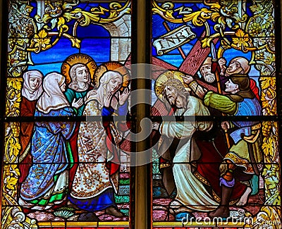 Stained Glass - Jesus meets Mary on the Way of the Cross Stock Photo