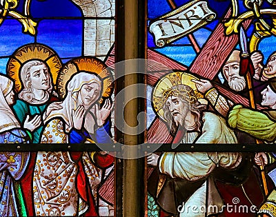 Stained Glass - Jesus meets Mary on the Way of the Cross Stock Photo