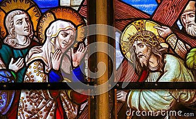 Stained Glass - Jesus meets Mary on the Way of the Cross Stock Photo