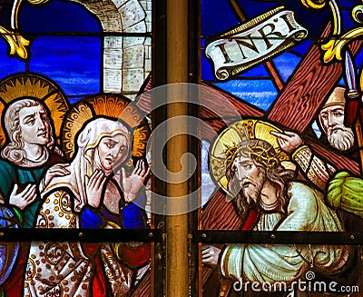 Stained Glass - Jesus meets Mary on the Way of the Cross Stock Photo