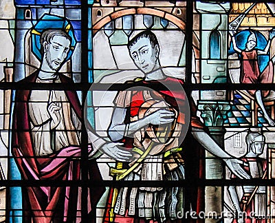 Stained Glass - Jesus and Pontius Pilate Stock Photo