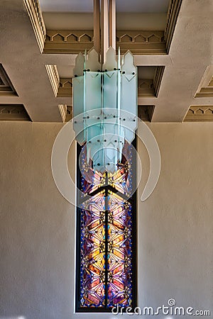 Stained Glass and Lamp at Tulsa`s Historic Boston Avenue United Methodist Church - National Landmark! Editorial Stock Photo