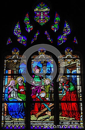 Stained Glass in Le Treport - Jesus as a Carpenter Apprentice Cartoon Illustration