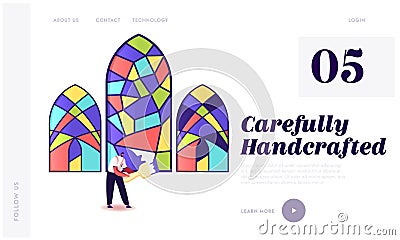 Stained Glass Manufacture Landing Page Template. Handmade Hobby, Antique Craft. Tiny Male Character Painting Vector Illustration