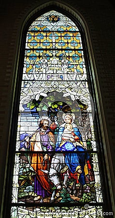 Stained Glass Mary Joseph Flee With Jesus Stock Photo