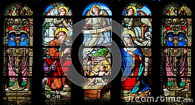 Stained Glass - Nativity Scene at Christmas Stock Photo