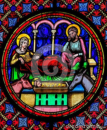 Stained Glass - Nativity Scene at Christmas Stock Photo