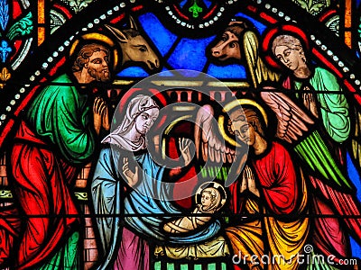 Stained Glass - Nativity Scene at Christmas Stock Photo