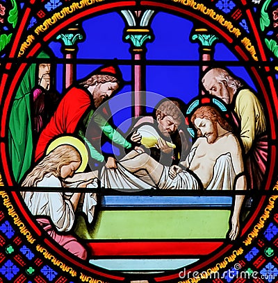 Stained Glass in Notre-Dame-des-flots, Le Havre - Burial of Jesus Cartoon Illustration