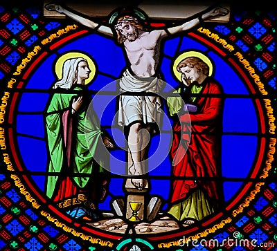 Stained Glass in Notre-Dame-des-flots, Le Havre - Crucifixion of Jesus Cartoon Illustration