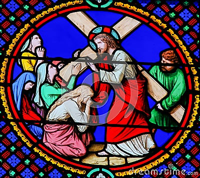 Stained Glass in Notre-Dame-des-flots, Le Havre - Jesus Carrying the Cross Cartoon Illustration