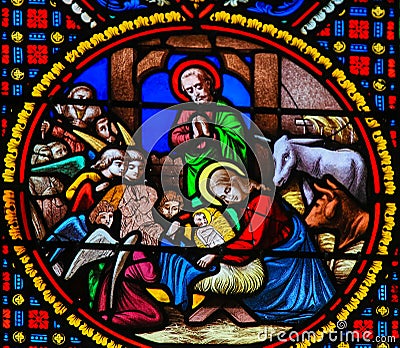 Stained Glass in Notre-Dame-des-flots, Le Havre - Nativity Scene at Christmas Cartoon Illustration