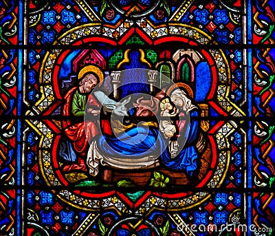 Stained Glass in Notre Dame, Parisof a Nativity Scene at Christmas Editorial Stock Photo