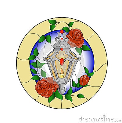 Stained glass pattern of old lantern with red roses, green leaves on belge round background Vector Illustration