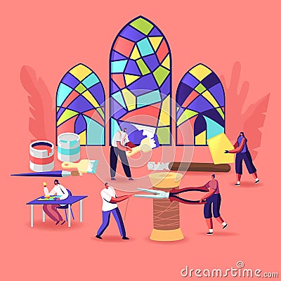 Stained Glass Producing Concept. Tiny Characters with Huge Tools and Instruments Create Beautiful Windows Vector Illustration