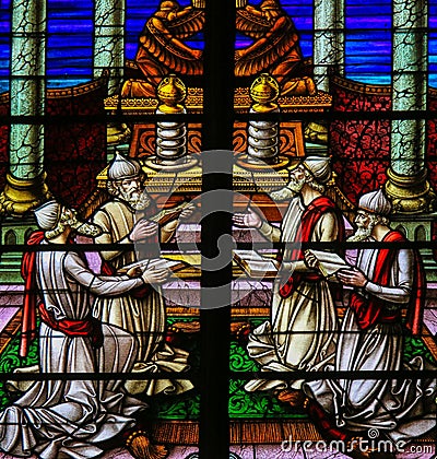 Stained Glass - Rabbis worshipping God Stock Photo