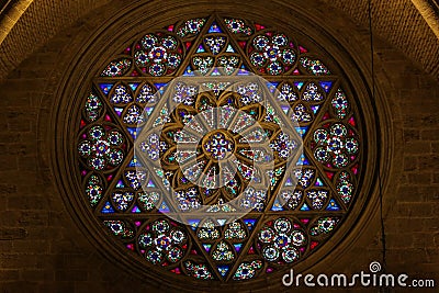 Stained Glass, Rose Window in Valencia Cathedral Stock Photo