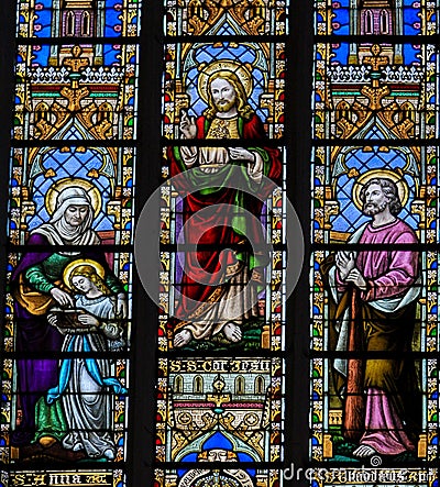 Stained Glass - Saint Anna, Jesus and the Sacret Heart and the A Stock Photo