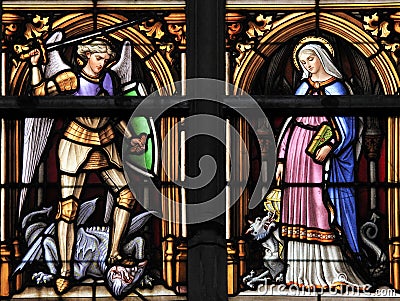 Stained Glass - Saint Michael and Saint Gudula, Patron Saints of Stock Photo