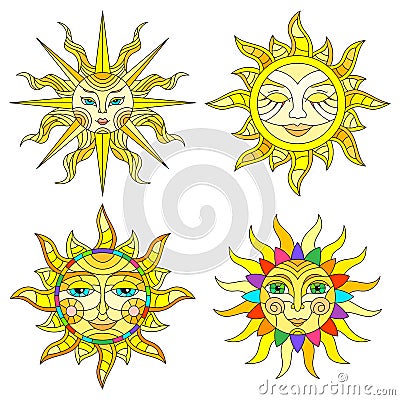 Stained glass set with suns with faces on a white background isolates Vector Illustration