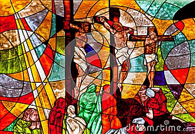 Stained glass showing Jesus crucifixion Stock Photo