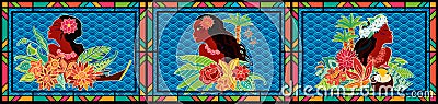 Stained glass Thai girls. Set of three posters Vector Illustration